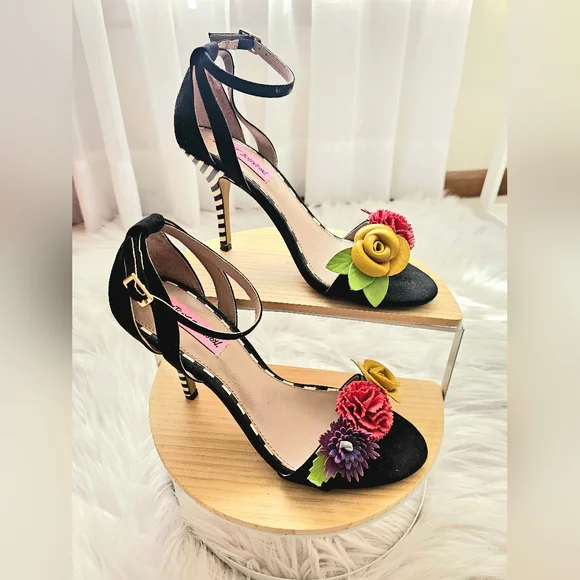 Betsey Johnson Black + White Striped Floral Heels - Picture 5 of 5